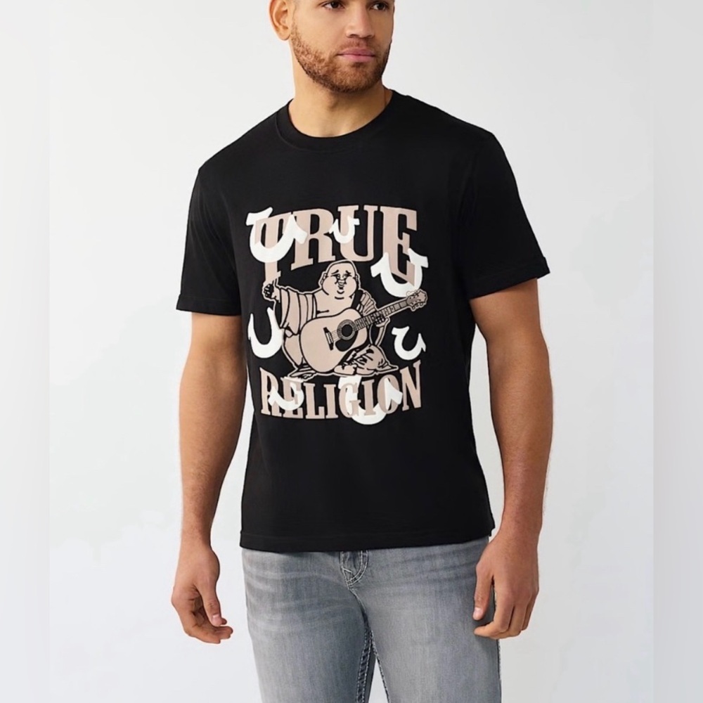 True Religion Black Tee with Beige Graphic Buddha Guitar Logo